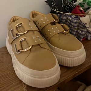 Tan Studded Sneakers with Buckles